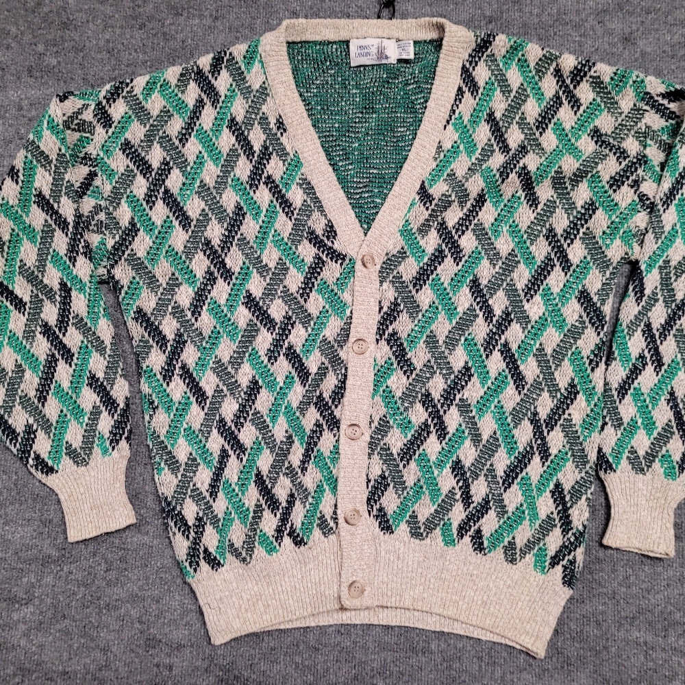 Men's Green and Cream Patterned Cardigan